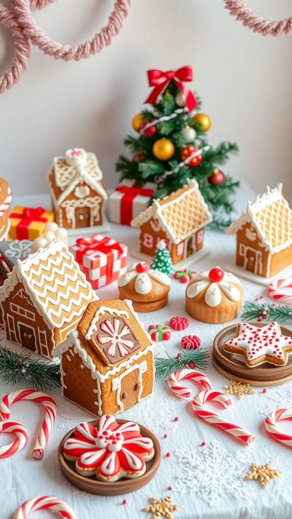 A festive table setting featuring gingerbread houses, candies, and a small Christmas tree.