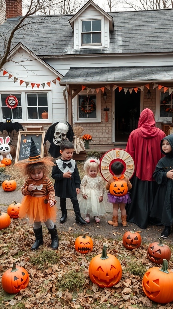 Children in whimsical Halloween costumes in front of a farmhouse decorated with pumpkins