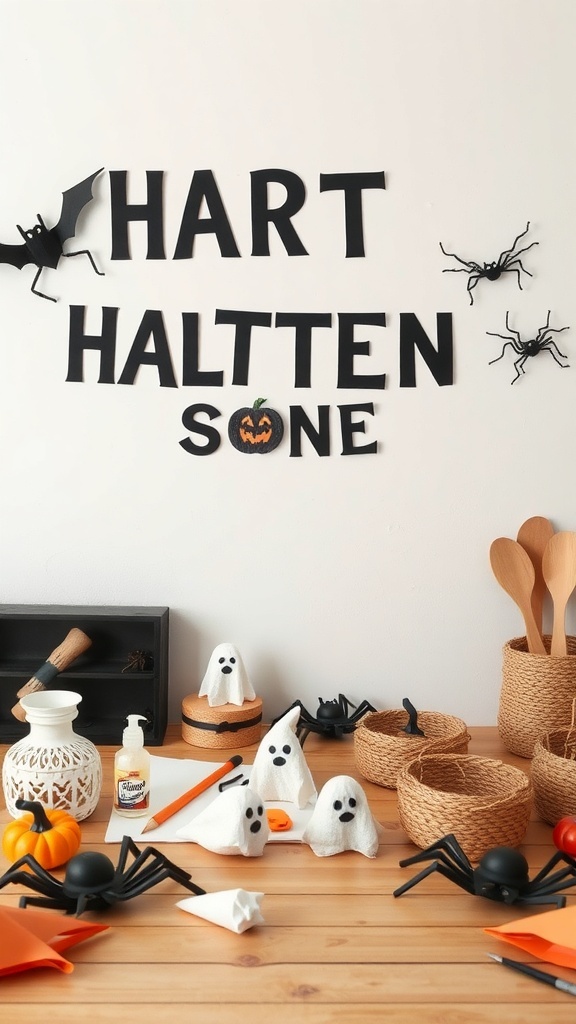 A table with Halloween crafts including ghost figures, spiders, bats, and a pumpkin, with a playful message on the wall.