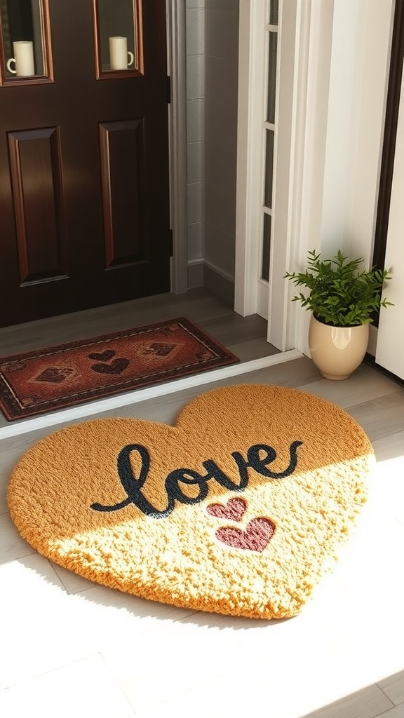 A heart-shaped doormat with the words 'Happy & word' in a decorative design, placed at a front door.