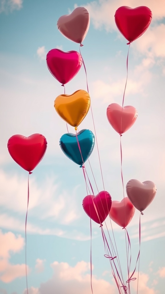 Colorful heart-shaped balloons floating in the sky