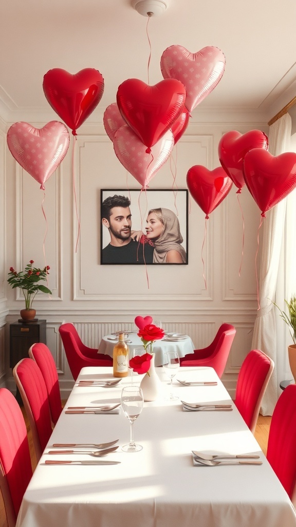 A dining room decorated with heart-shaped balloons and red chairs, creating a romantic atmosphere.