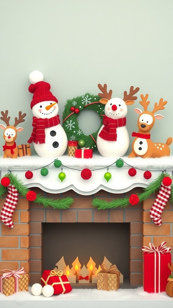 A winter mantle decorated with snowmen, reindeer, and holiday gifts.