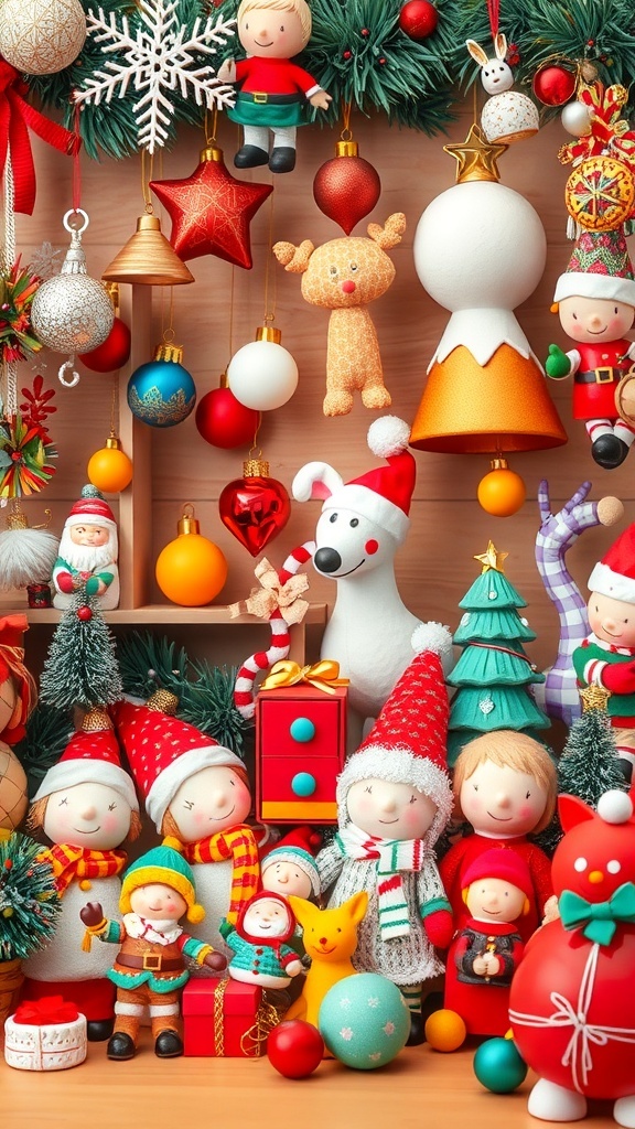 A colorful display of whimsical holiday decorations including ornaments, figurines, and festive elements.