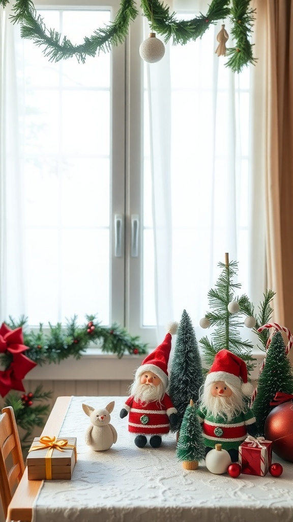 A Christmas table decorated with whimsical holiday figurines including Santa, a bunny, and miniature trees.
