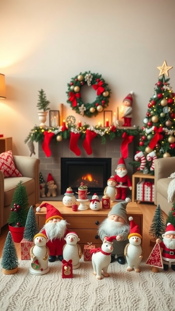 A cozy living room decorated for Christmas with whimsical holiday figurines, including snowmen and Santas, alongside a festive tree and stockings.