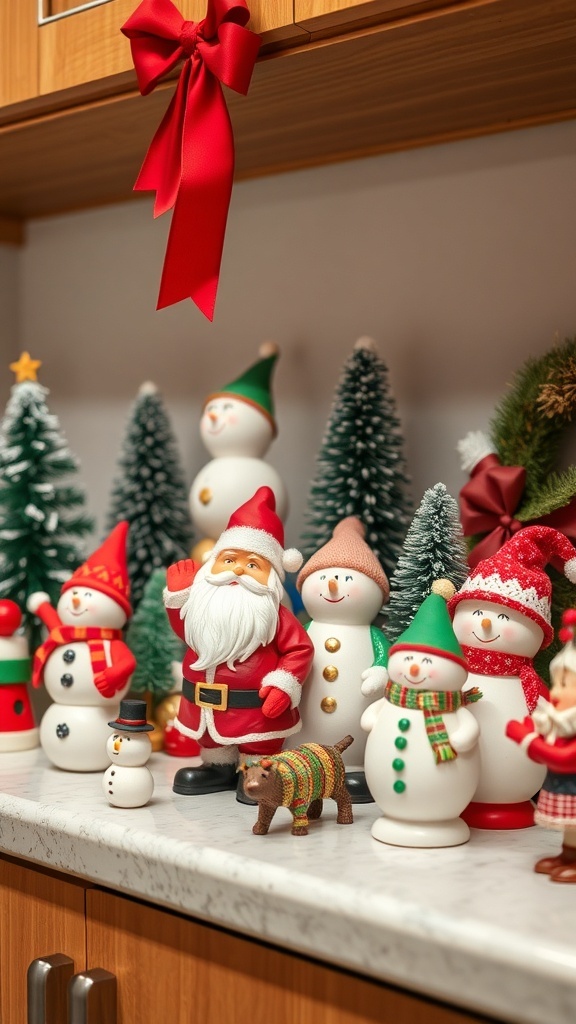 A collection of whimsical holiday figurines including snowmen, Santa Claus, and a small dog, set against a festive backdrop.