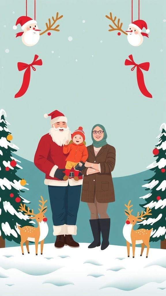 A festive illustration of a family with Santa, snowmen, and reindeer in a winter setting.