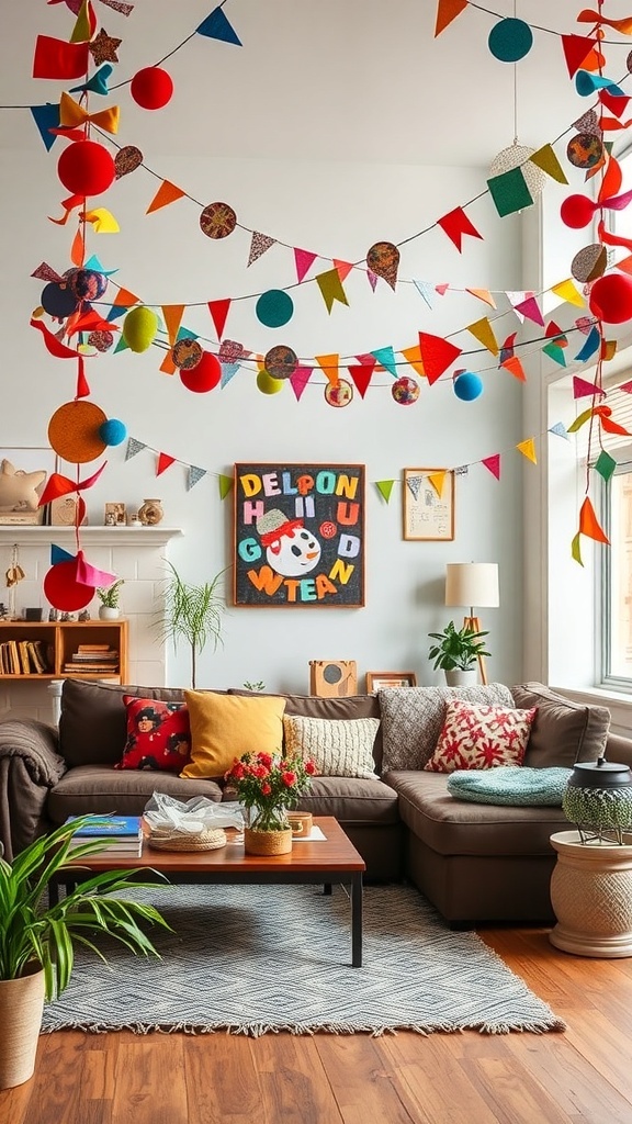 Colorful holiday garlands hanging in a cozy living room.