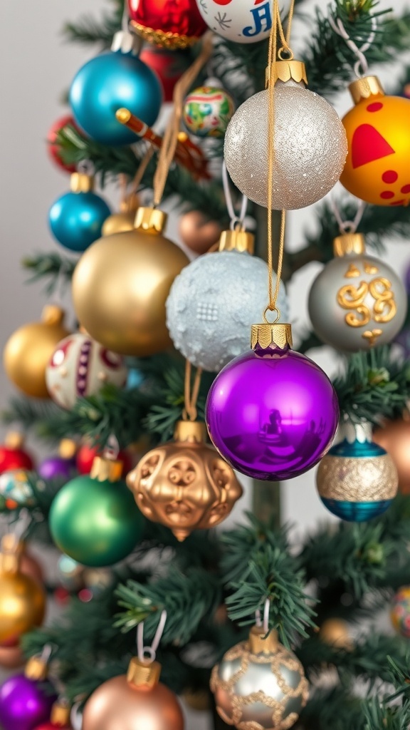 A colorful display of various holiday ornaments hanging on a Christmas tree.