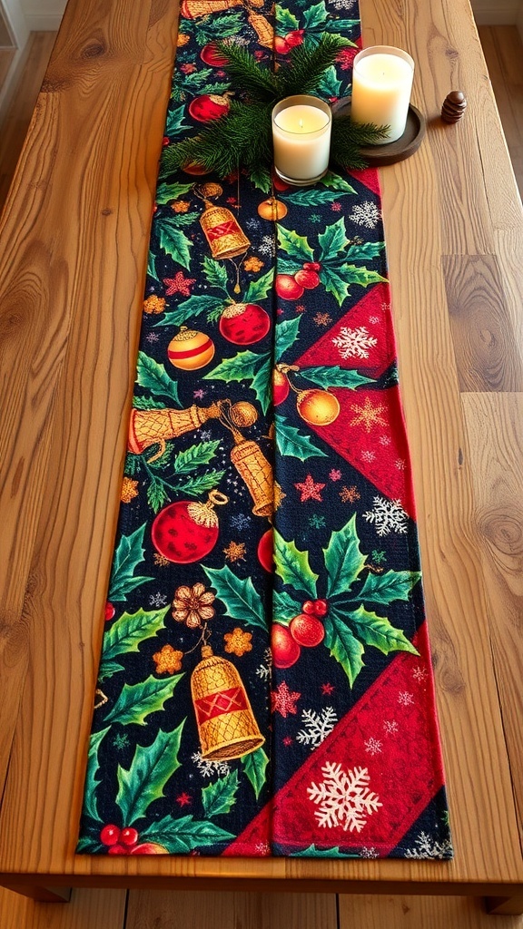 Colorful Christmas table runner with snowmen, trees, and festive decorations.