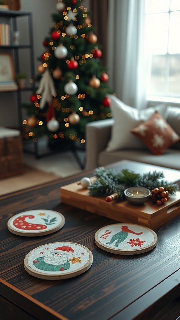 A cozy coffee table decorated with whimsical holiday themed coasters featuring Santa, a reindeer, and a festive pattern, surrounded by Christmas decor.