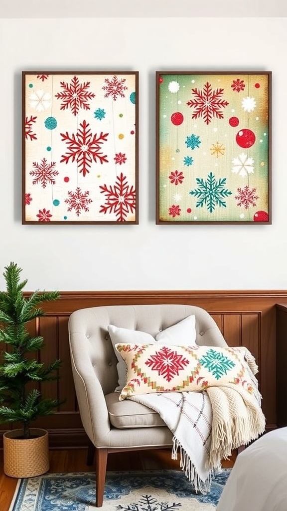 Colorful Christmas wall art with snowflakes and candy canes, featuring the text 'Merry Christmas'.
