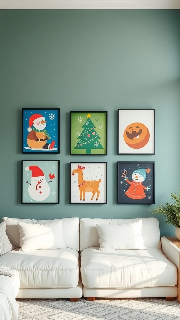 Colorful holiday-themed wall art featuring Santa, snowmen, and Christmas trees.