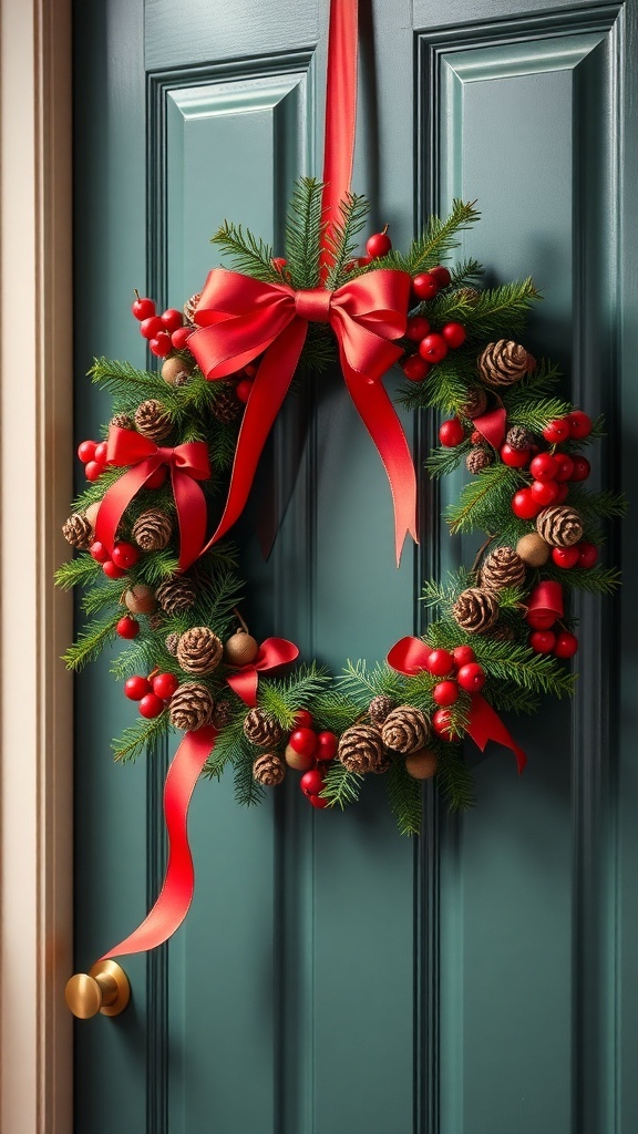 A colorful holiday wreath with red bows and pinecones hanging on a door.