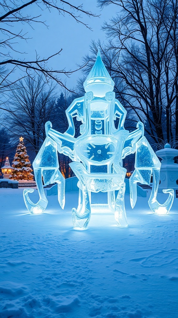 A whimsical ice sculpture illuminated in a snowy landscape