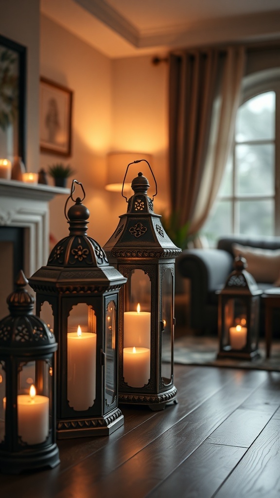 A cozy living room with decorative lanterns and candles for Halloween.