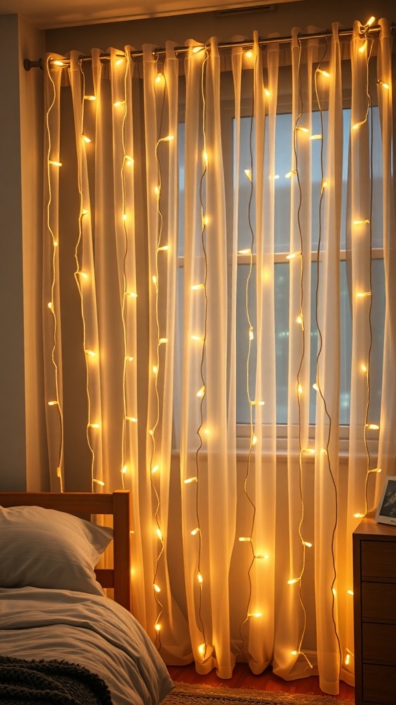 Lighted curtain drapes in a bedroom with soft glowing lights.