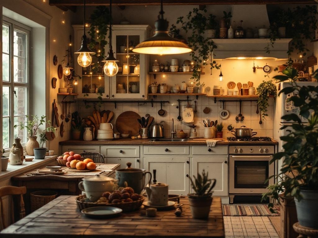 A cozy cottage kitchen with whimsical lighting fixtures, warm tones, and rustic decor.