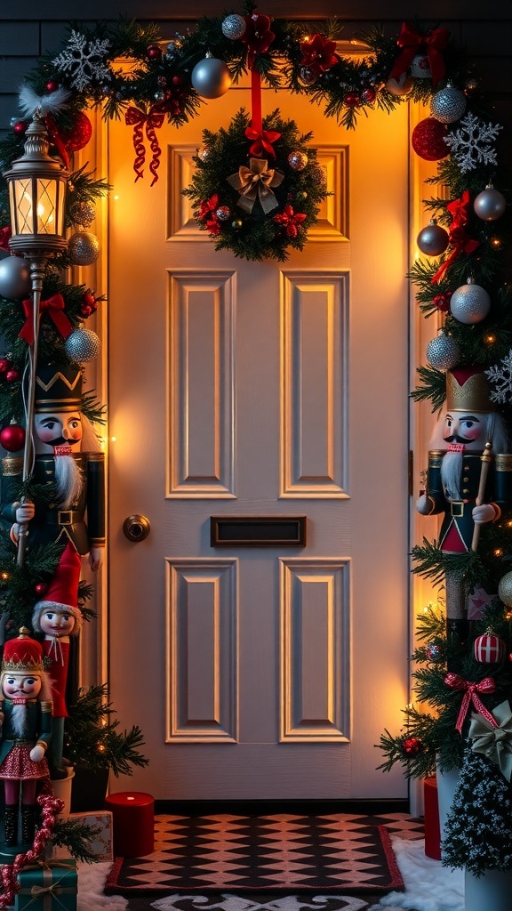 A beautifully decorated door with nutcracker figures, festive wreaths, and lights.
