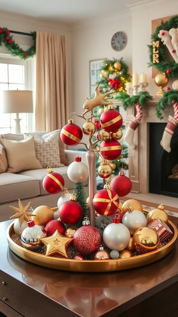 A cozy living room with a festive ornament display on a coffee table, featuring colorful ornaments and a warm atmosphere.