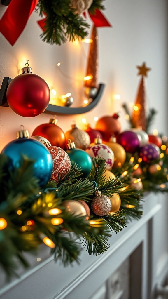 A vibrant display of colorful Christmas ornaments on a mantel with greenery and lights.