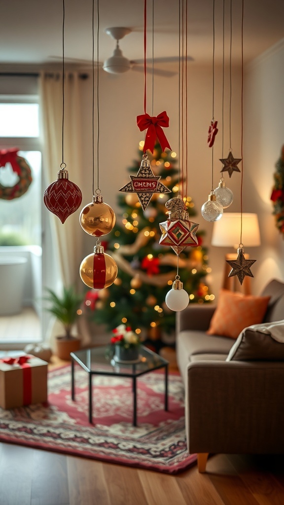 A cozy living room decorated for Christmas with hanging ornaments and a Christmas tree.