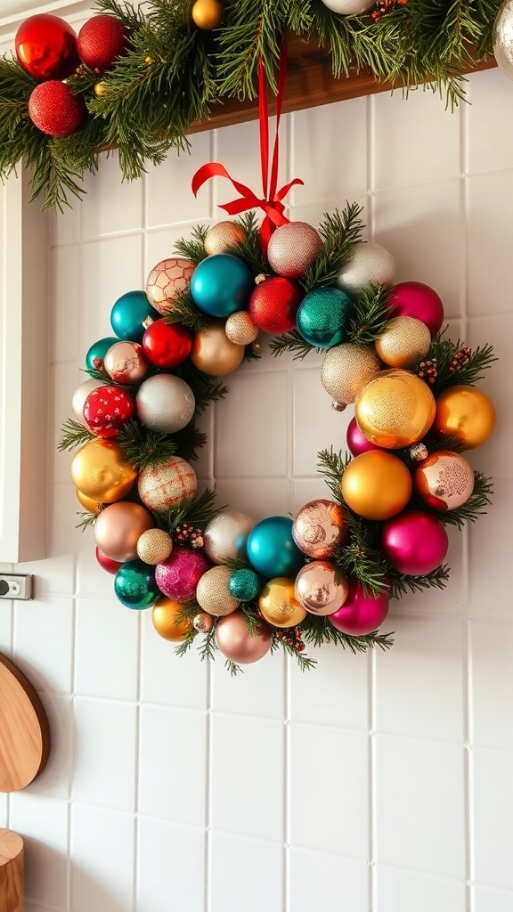A colorful ornament wreath with red, green, blue, and gold ornaments hanging in a kitchen.