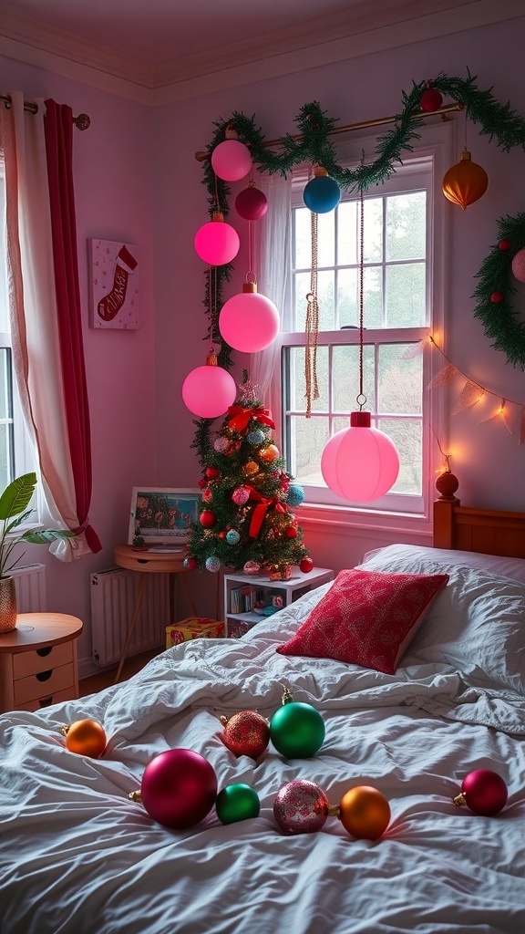 A cozy Christmas bedroom decorated with colorful ornaments and a small tree.
