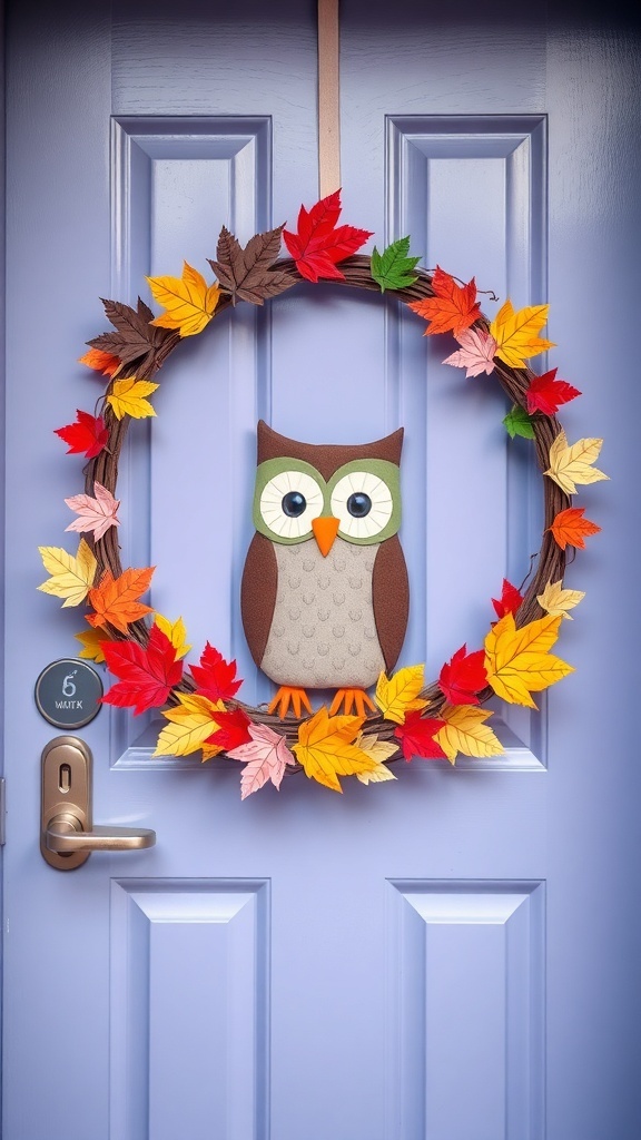 A whimsical wreath featuring a cute owl surrounded by colorful autumn leaves, hanging on a blue door.