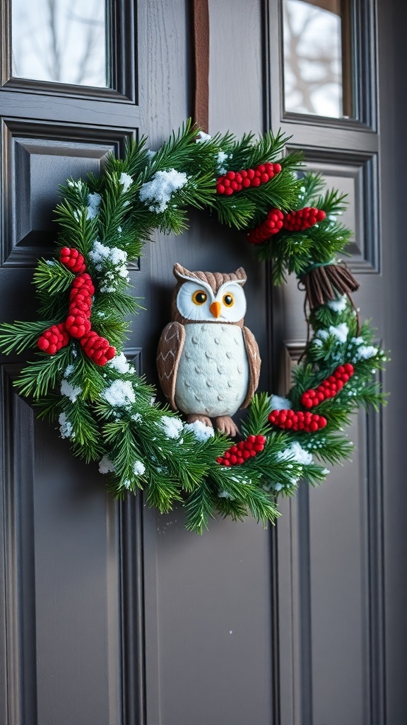 A whimsical wreath with an owl, pine, and red berries on a front door.