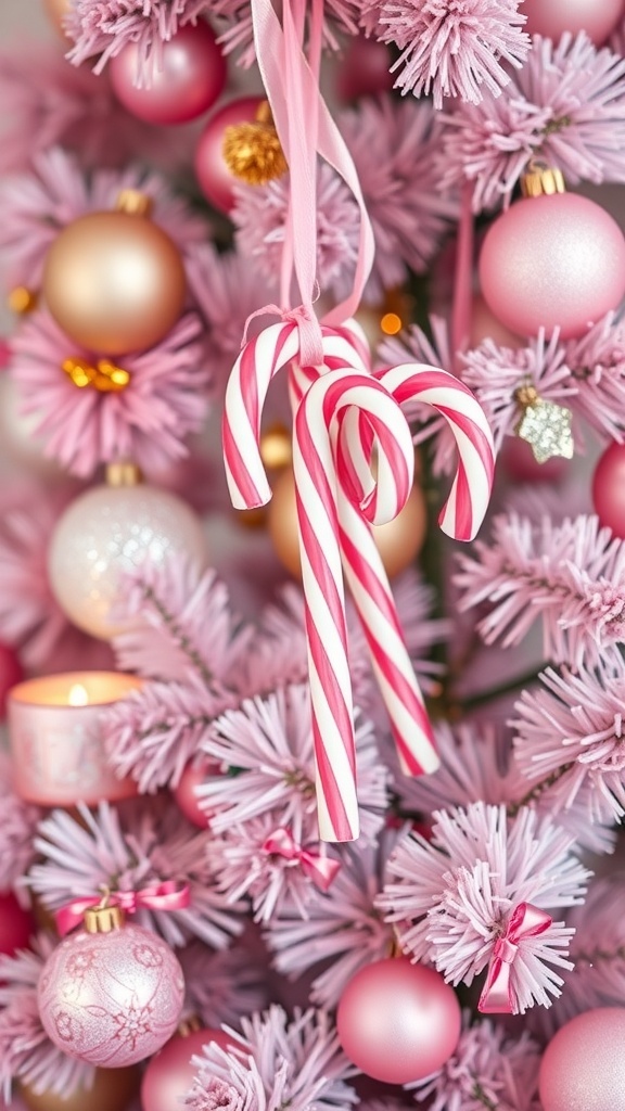 Close-up of pink candy canes hanging on a pink Christmas tree with ornaments.