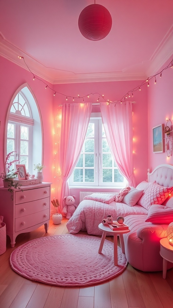 A pink bedroom with fairy lights illuminating the walls and window.
