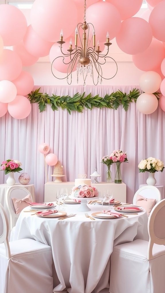 A beautifully decorated party table with pink balloons, flowers, and elegant table settings.