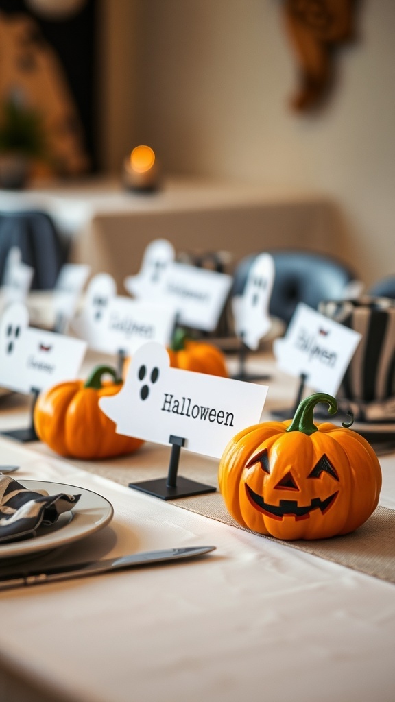 A Halloween dining table with whimsical place cards featuring ghosts and pumpkins.