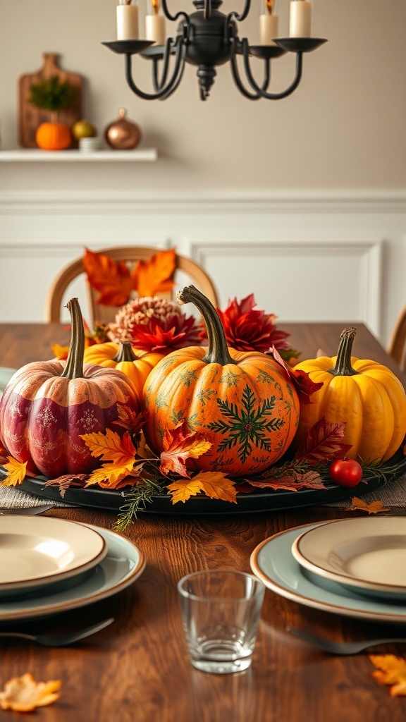 A table set with colorful pumpkins and autumn leaves as a centerpiece.