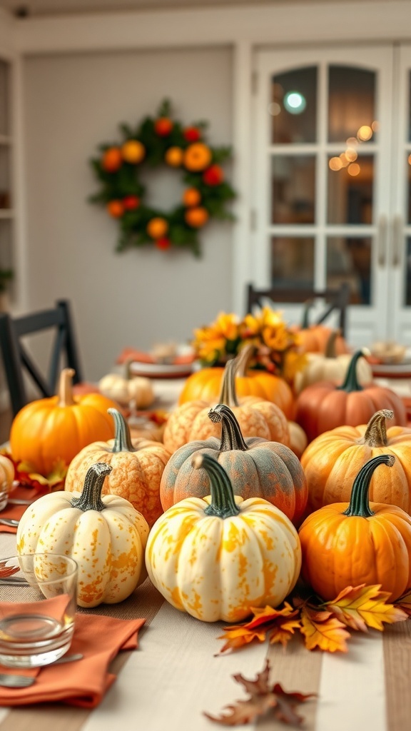 A table set for Halloween with a variety of pumpkins and autumn leaves.