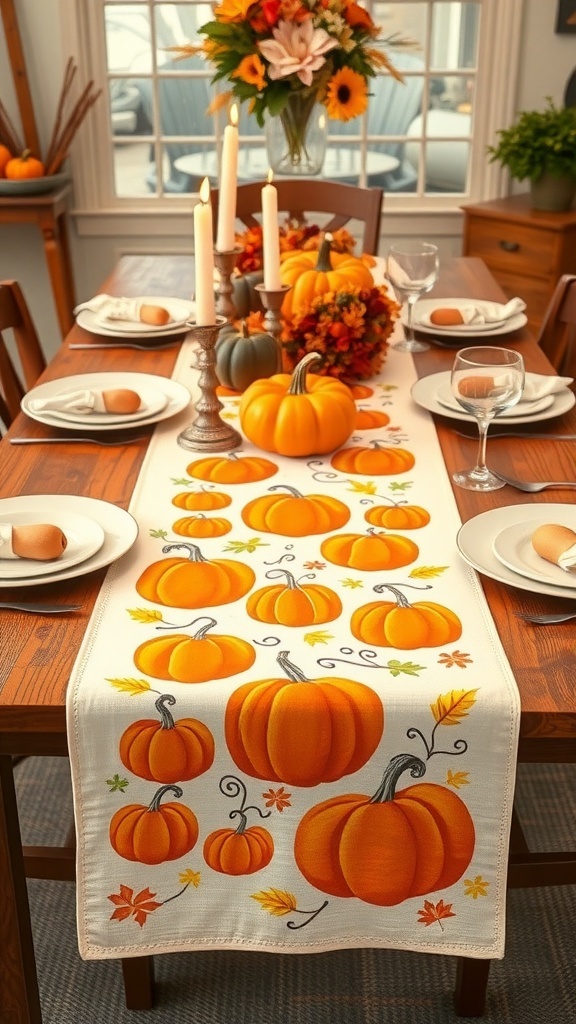 A table set with a whimsical pumpkin patterned table runner, featuring various pumpkins and autumn leaves, surrounded by plates and candles.