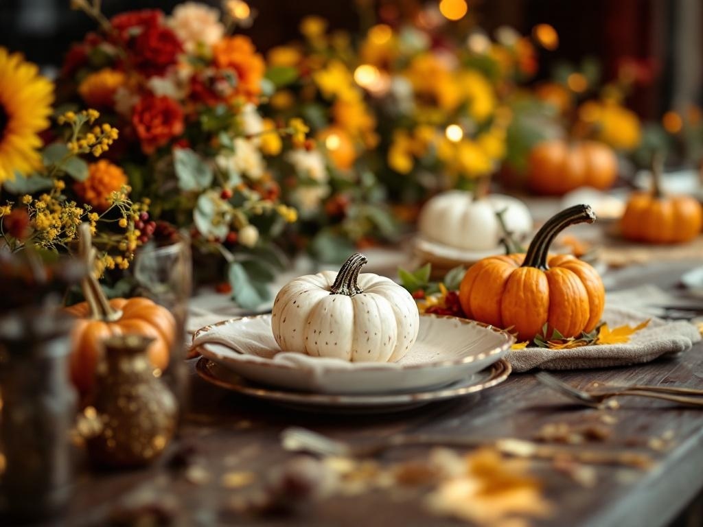 A beautifully set Thanksgiving table with whimsical pumpkin place holders and autumn flowers.