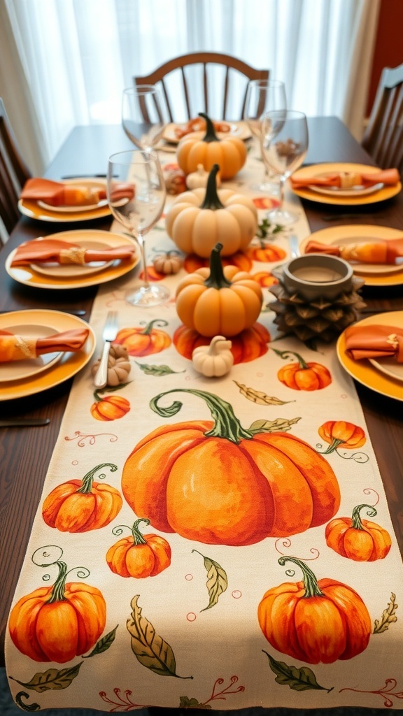 A dining table set with a pumpkin print table runner, plates, glasses, and decorative pumpkins.