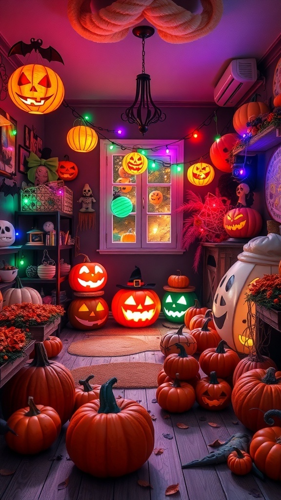 A cozy room decorated for Halloween with glowing jack-o'-lanterns, colorful lights, and playful decorations.
