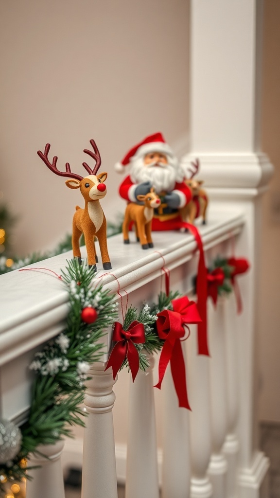 A decorated banister featuring Santa and reindeer figurines, adorned with garlands and red bows.