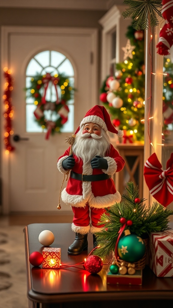A festive entryway table decorated with a Santa Claus figure, ornaments, and greenery.