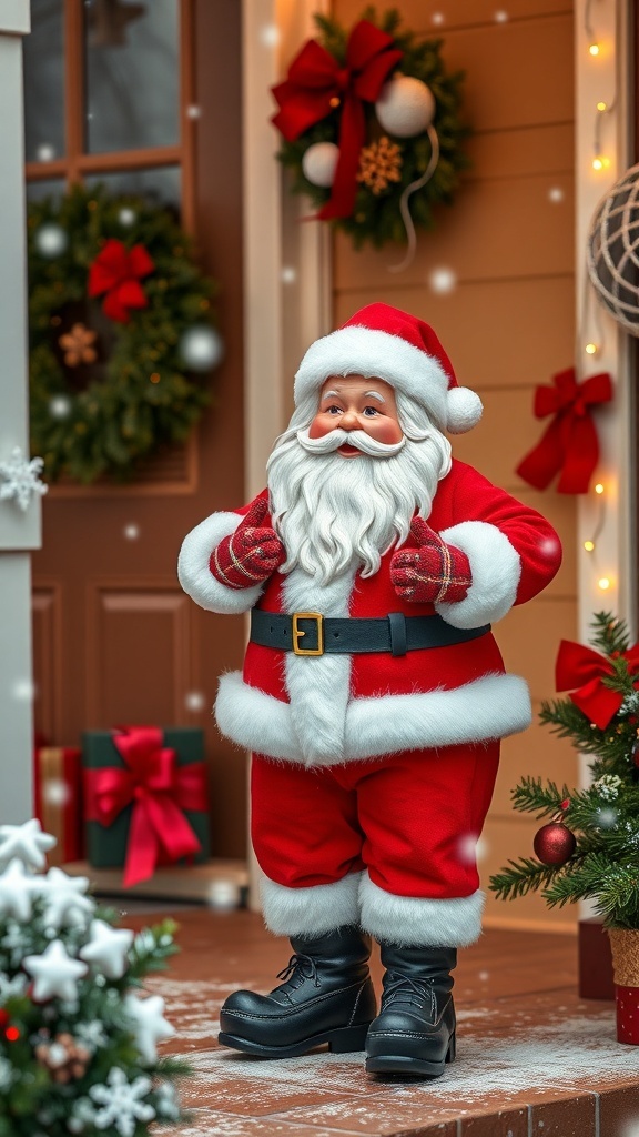A whimsical Santa figurine in a red suit with a white beard, standing on a front porch decorated for Christmas.