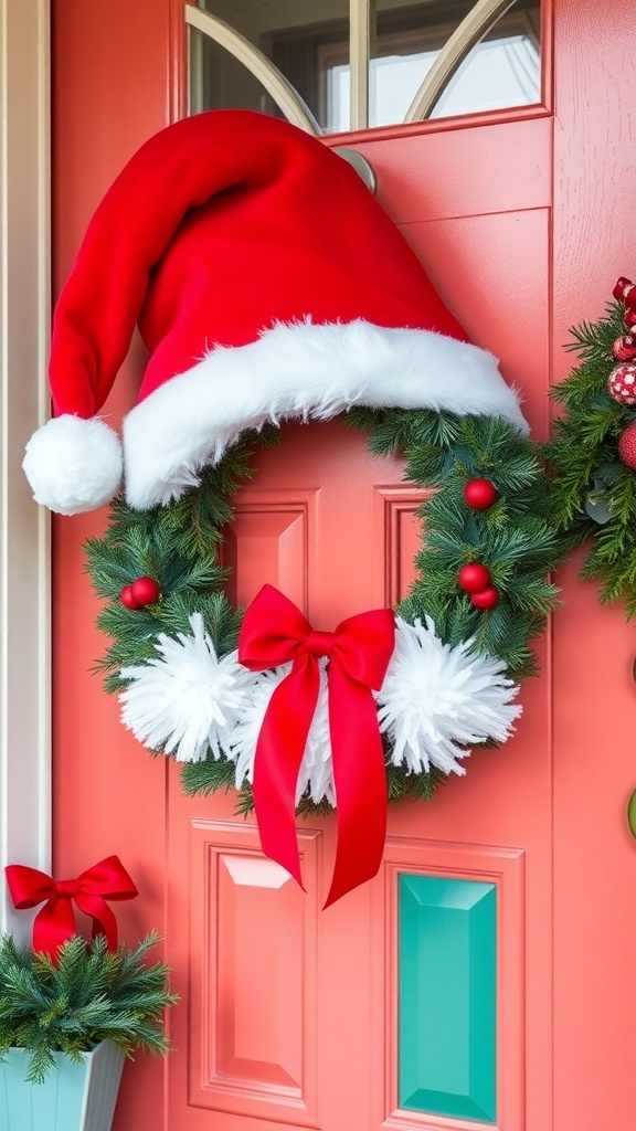 A whimsical Santa hat wreath on a front door, featuring a red Santa hat, green foliage, white accents, and a red bow.