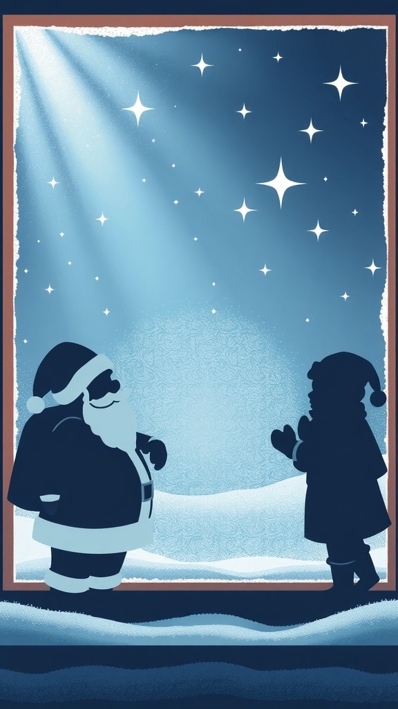 A whimsical silhouette of Santa and a child in a snowy window scene.