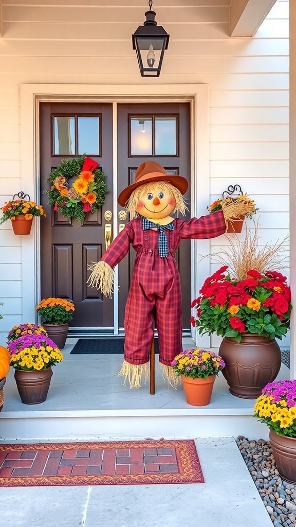 A cheerful scarecrow on a front porch surrounded by colorful flower pots and a seasonal wreath.