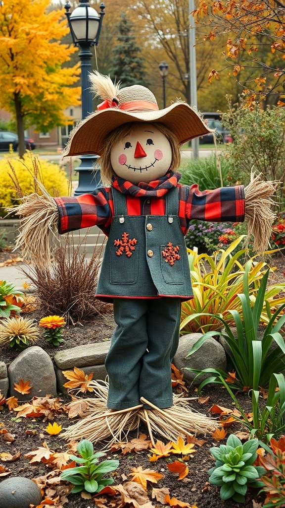 A whimsical scarecrow in a garden, wearing a straw hat and plaid shirt, surrounded by autumn leaves and plants.