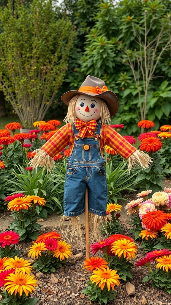 A cheerful scarecrow figure in a plaid shirt and denim overalls surrounded by colorful flowers.