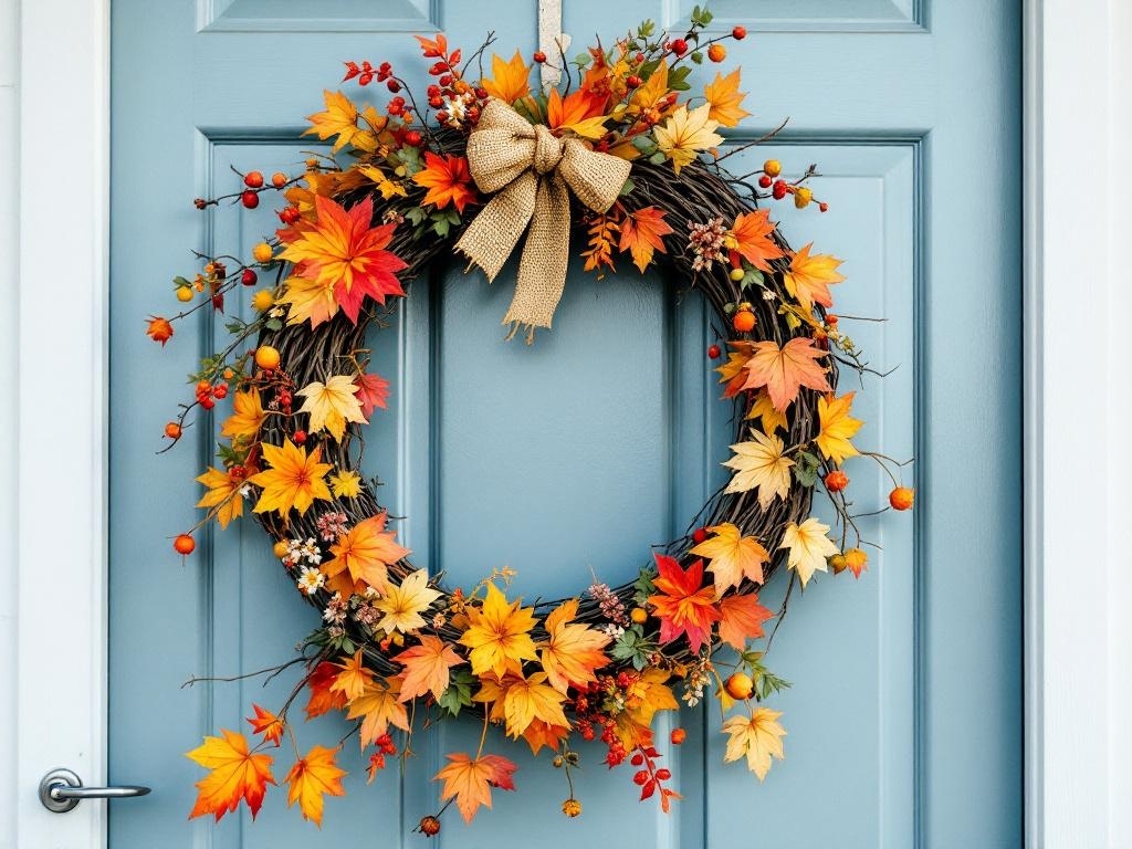 A colorful fall wreath with orange and yellow leaves, berries, and a burlap bow, hanging on a blue door.